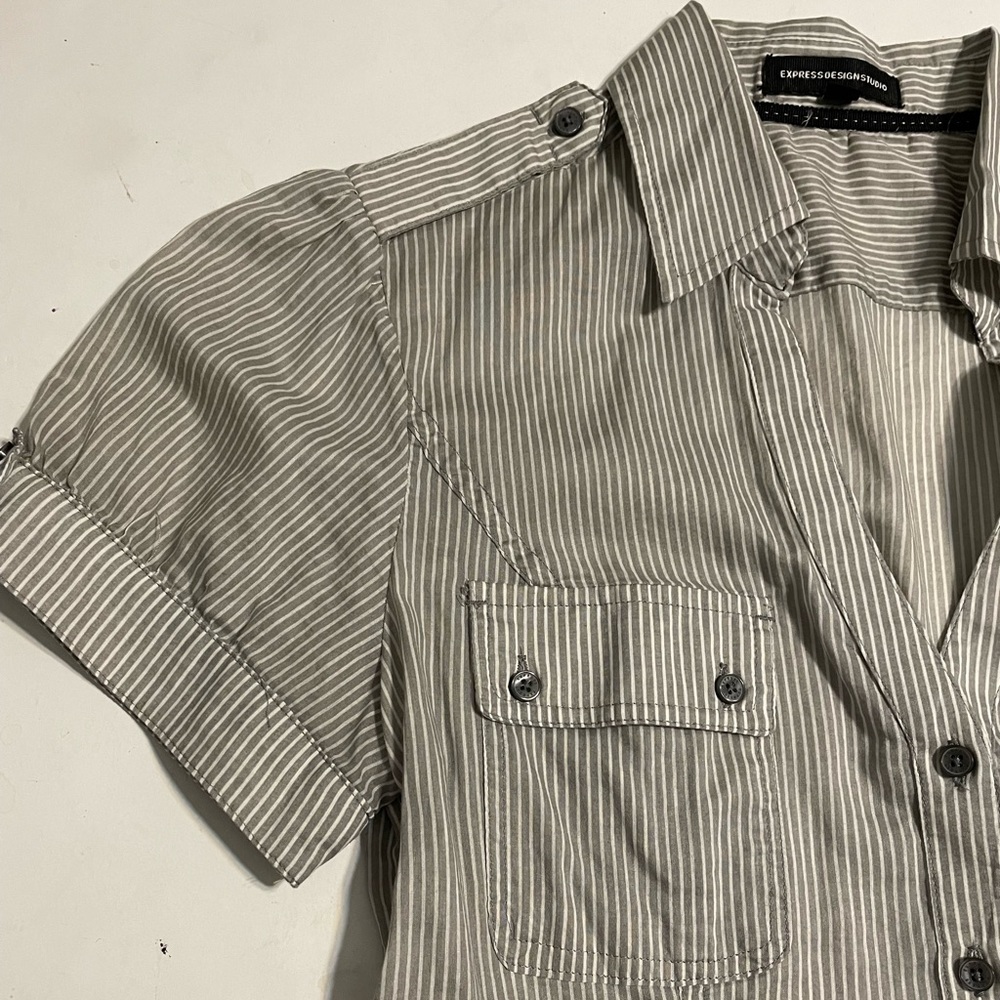 Expressoe sign studio Women’s top/blouse,short sleeves,white / gray pinstriped M - Picture 8 of 12